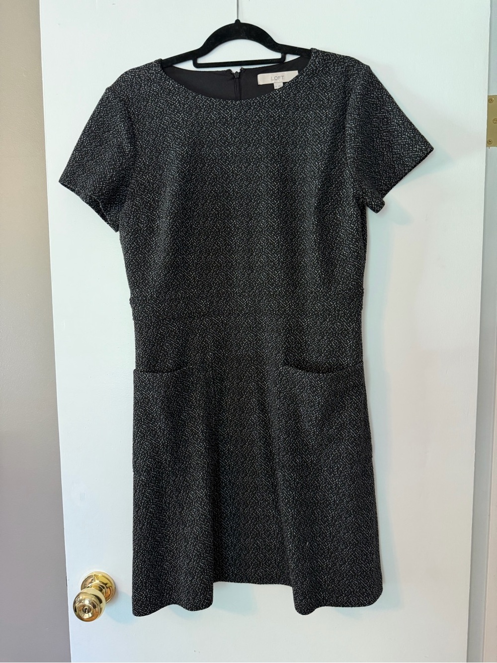 LOFT Black White Fit & Flare Dress Size 12 Pockets Short Sleeve Work Career